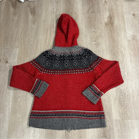 SKYR 100% Wool Nordic Fair Isle Hooded Full Zip Sweater in Red Grey Black Size L - Picture 2 of 5